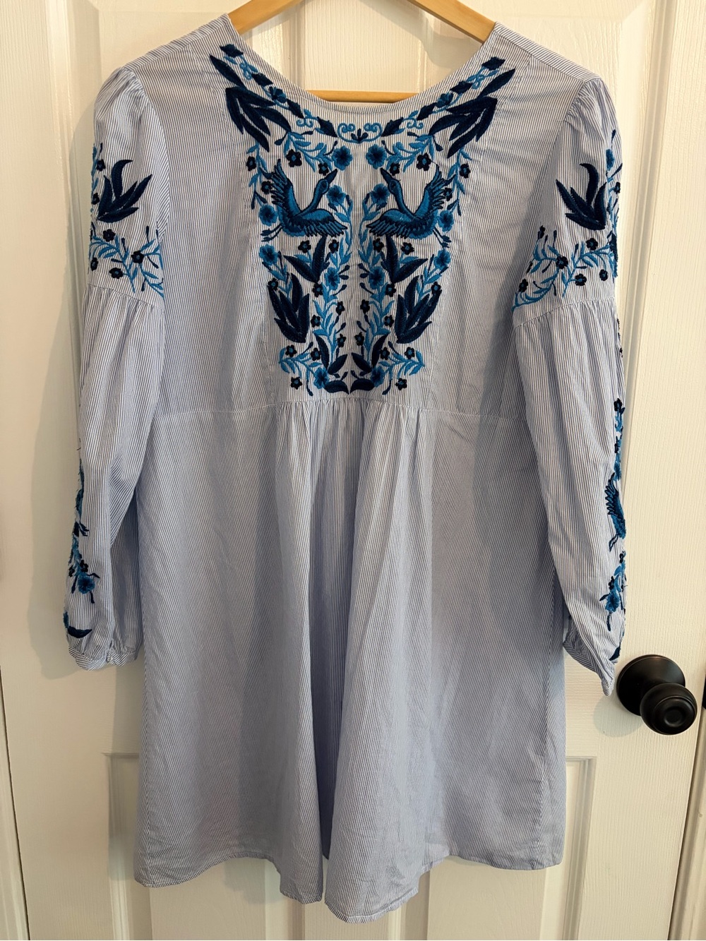 Zara Light Blue Tunic with Navy & Cobalt Embroidery - Size M